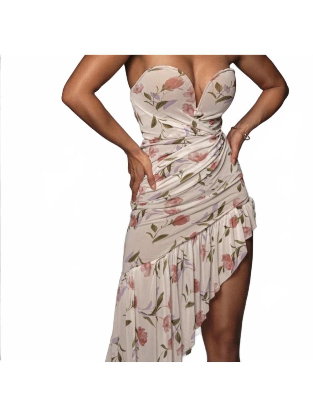 NWT JLuxLabel Strapless Floral Dress Large Ruffles Stretch Cottage Coquette